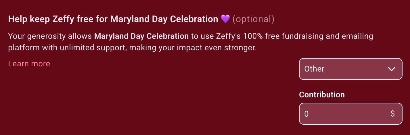 Zeffy optional contribution example